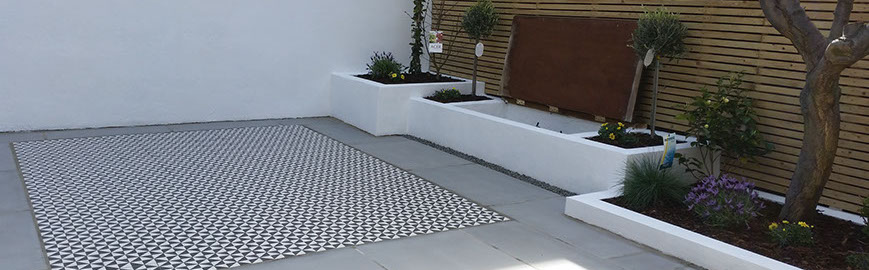 Joseph Mat Landscape,  featheredge fence ,  sandstone paving, beds, brick step