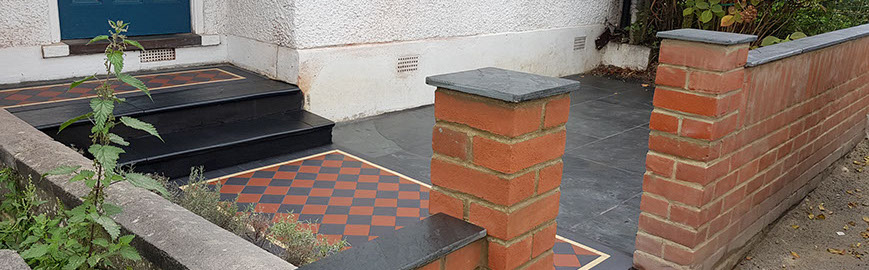 Joseph Mat Landscape,  featheredge fence ,  sandstone paving, beds, brick step