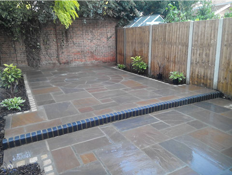 Joseph Mat Landscape autum brown sandstone patio, beds with setts, brick step, fence