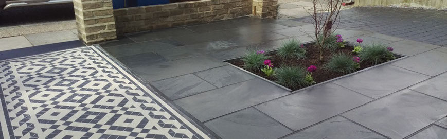 Joseph Mat Landscape, victorian tiles path, slate paving, black limestone setts driveway