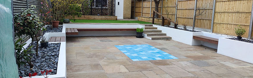 Joseph Mat Landscape,  featheredge fence ,  sandstone paving, beds, brick step